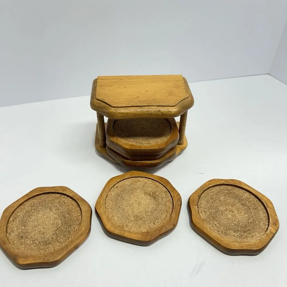 Vintage Mid-Century Wooden Coaster Set with Holder Cork